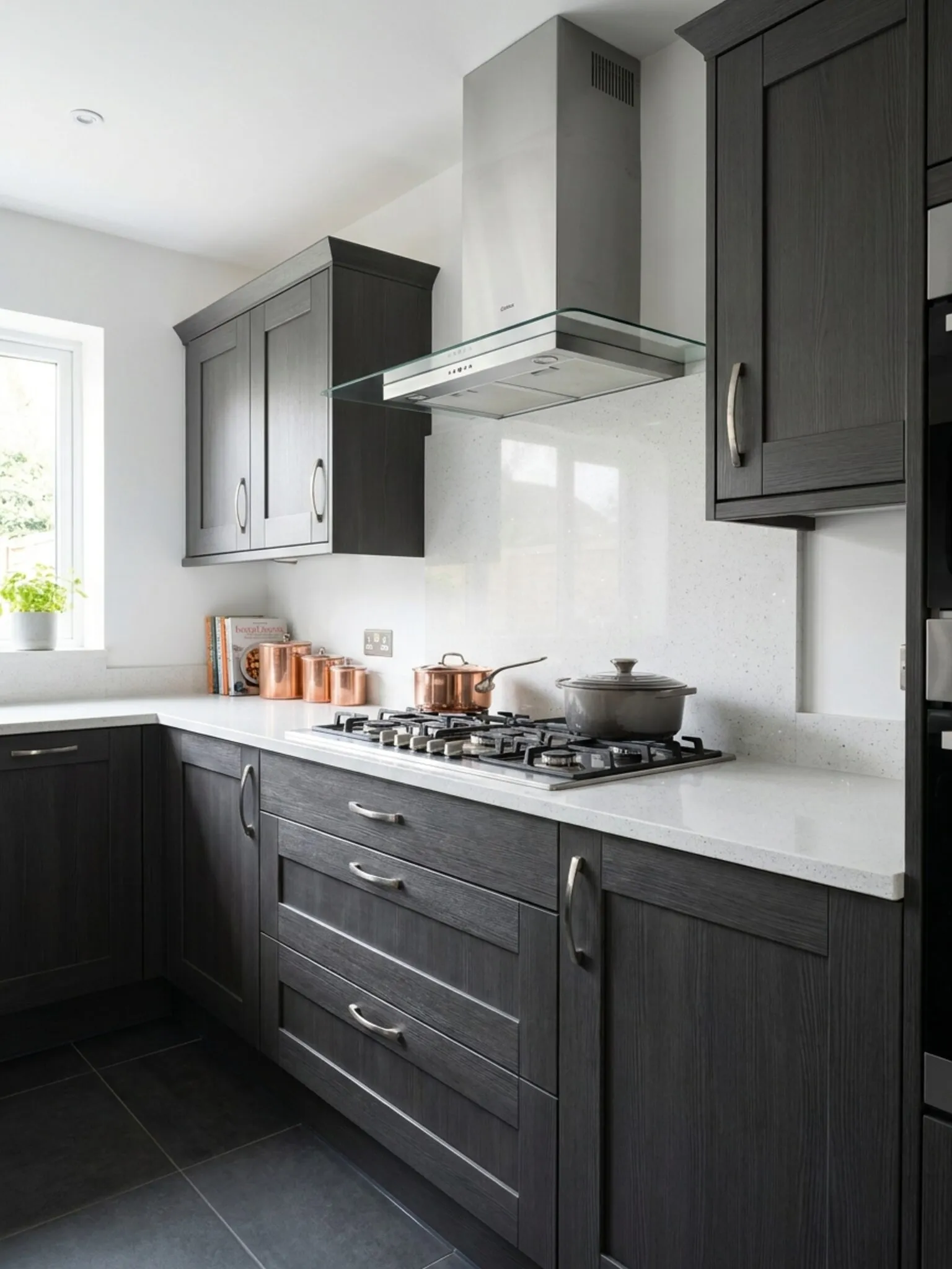 The hob wall of the graphite shaker kitchen with white quartz worktops