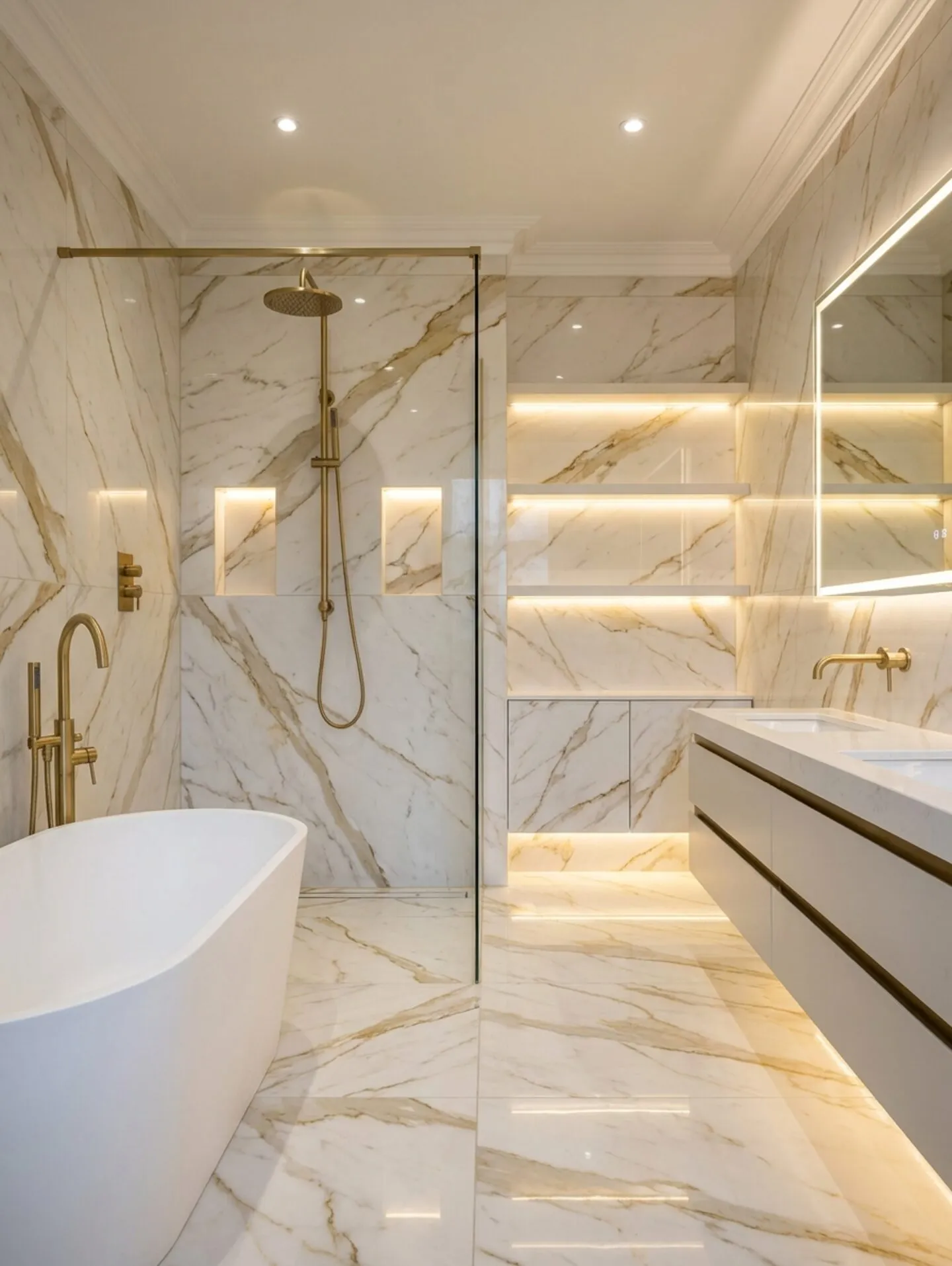 Walk-in shower and freestanding bath in calacatta gold porcelain with brushed brass fittings and lit niches