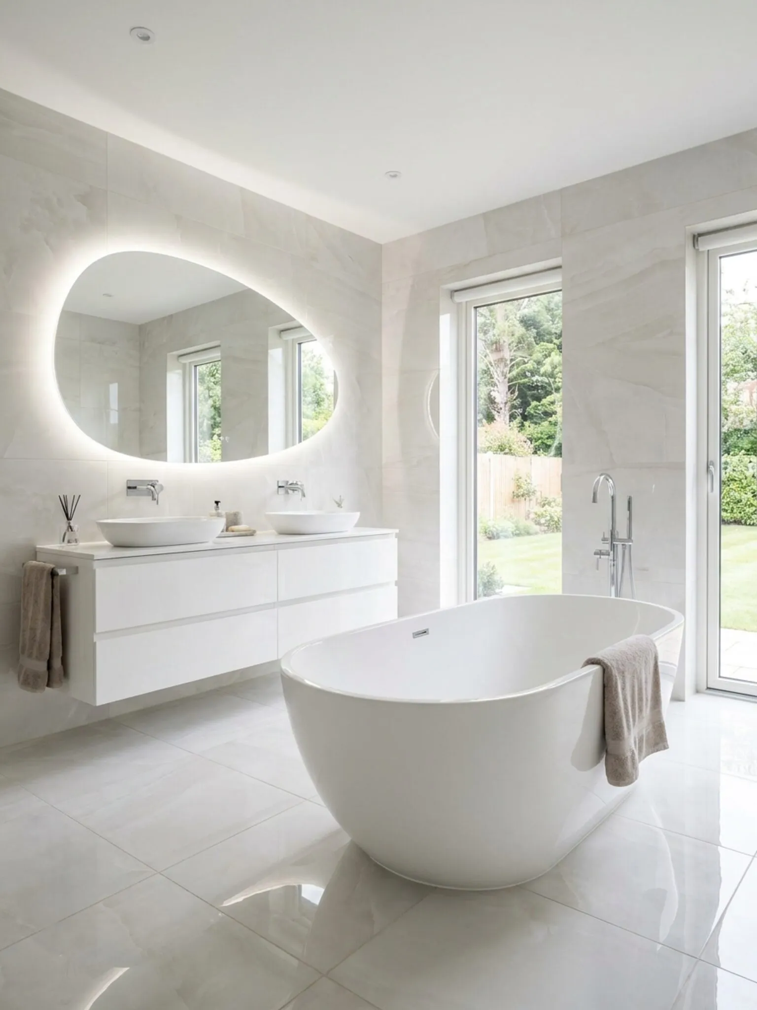 Full view of the onyx bathroom: freestanding bath, vanity and backlit pebble mirror