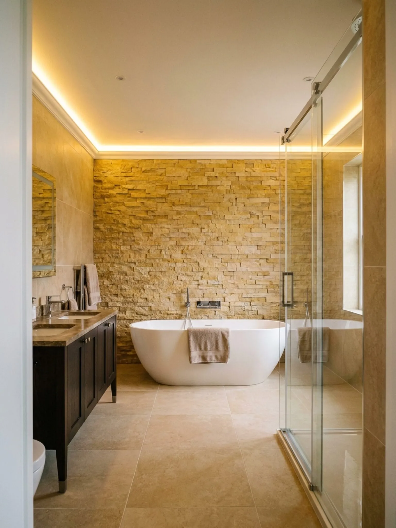 Doorway view of the whole suite: bath, vanity, shower and glowing LED cove