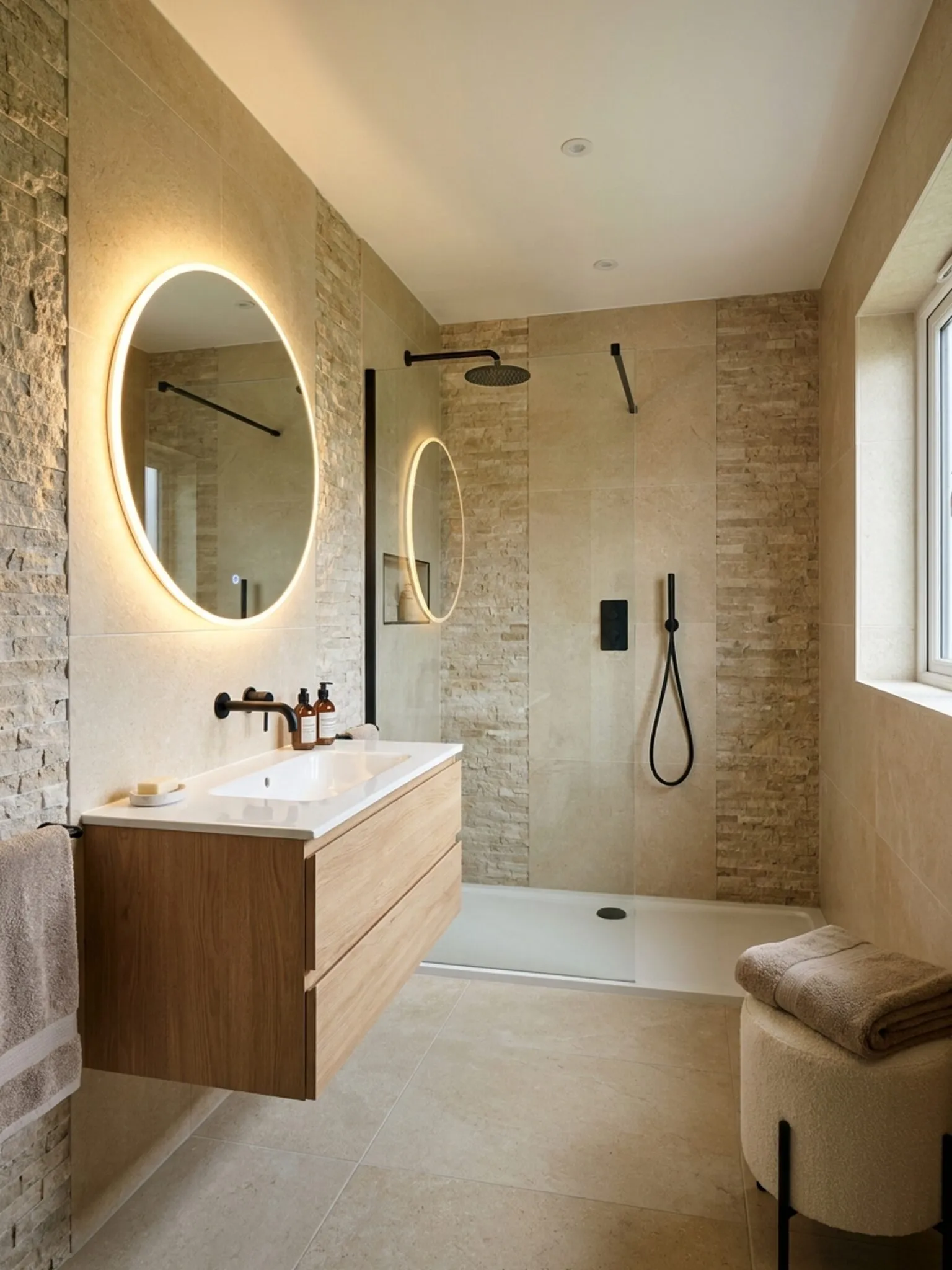 Wide view of the limestone en-suite: floating oak vanity, glowing mirror and walk-in shower