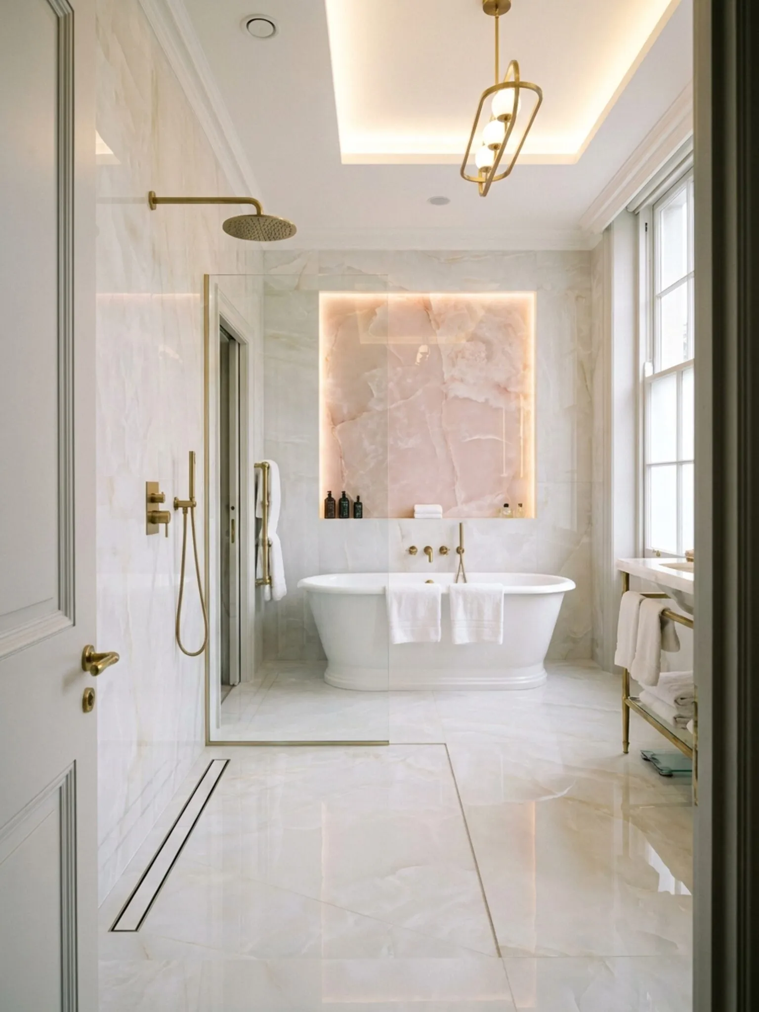 View from the doorway taking in the walk-in shower and bath together