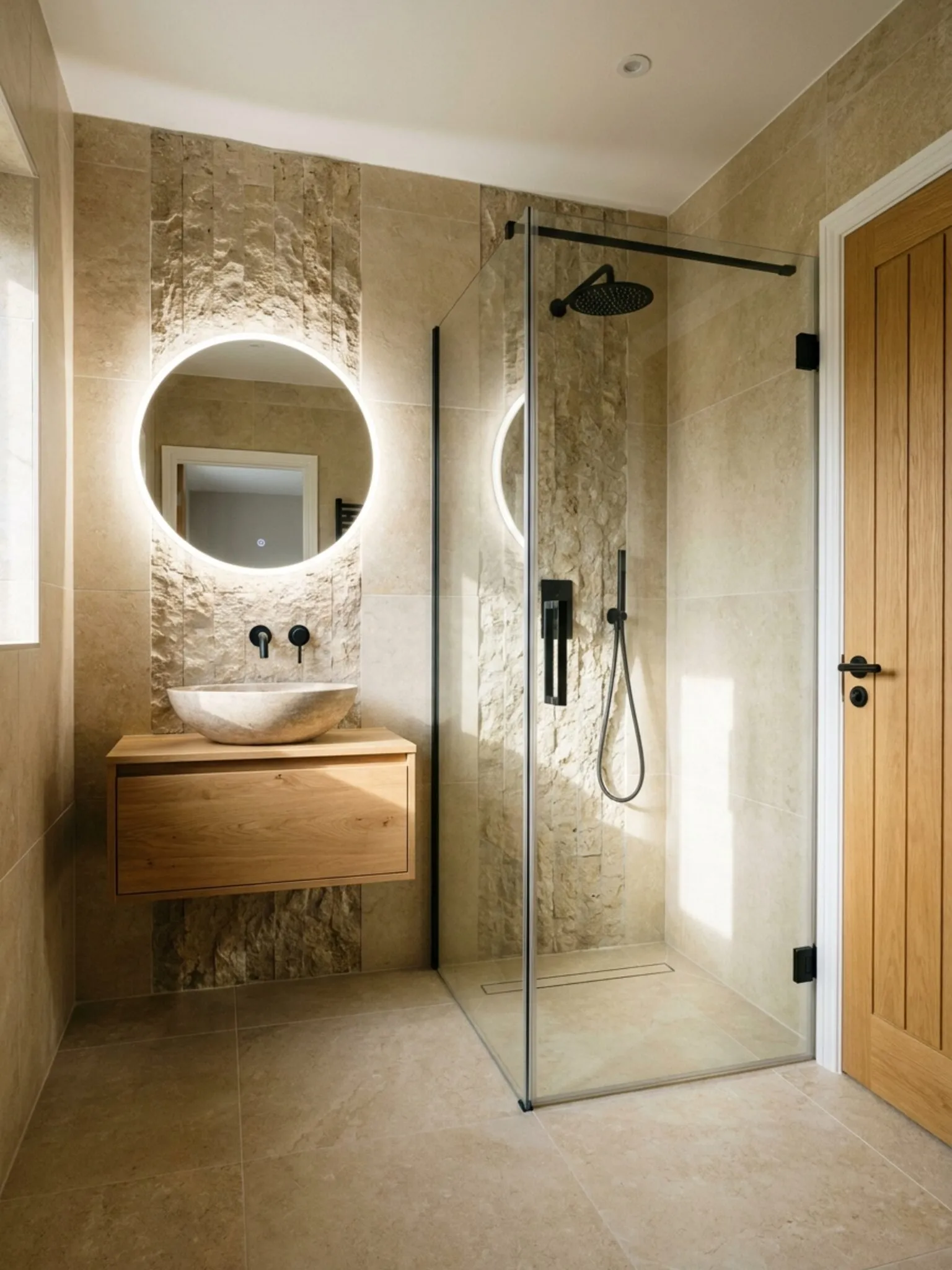 Second wide view including the door and shower enclosure