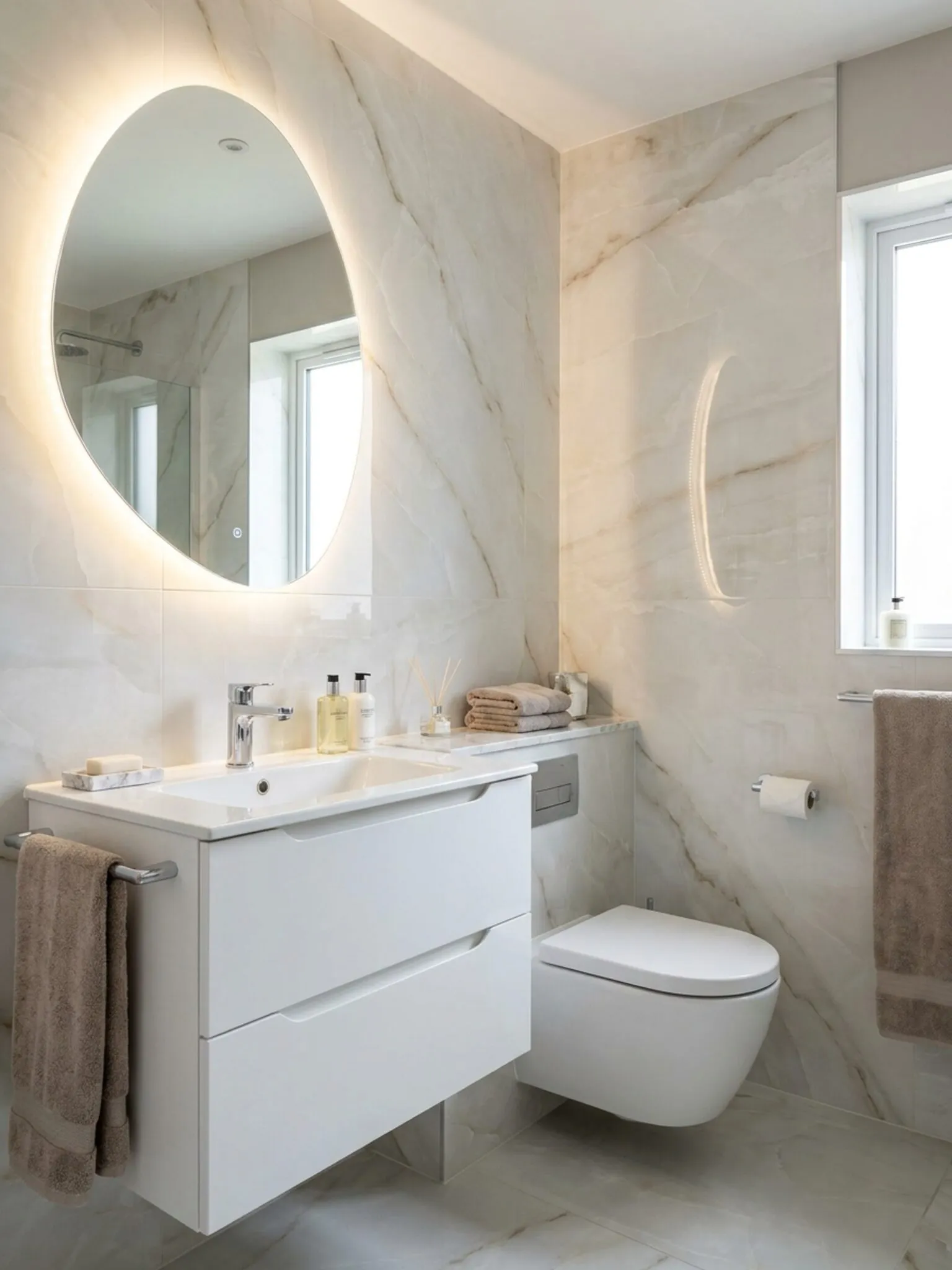 White gloss vanity, WC and backlit pebble-shaped mirror
