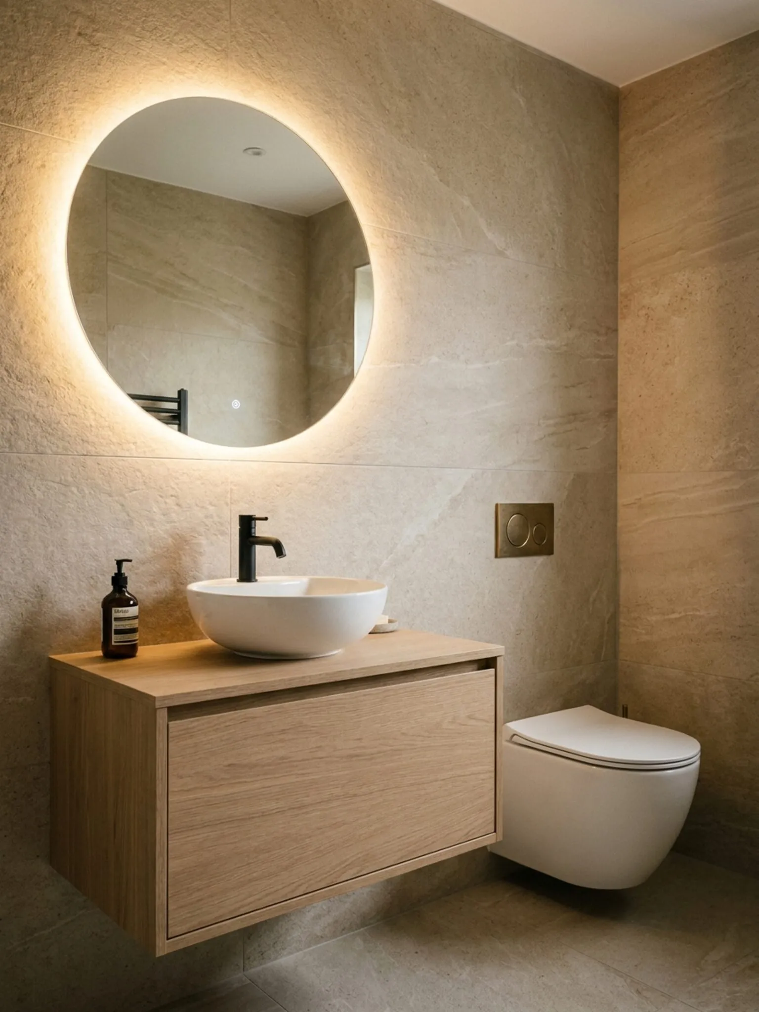 Floating oak vanity and wall-hung WC with halo lighting