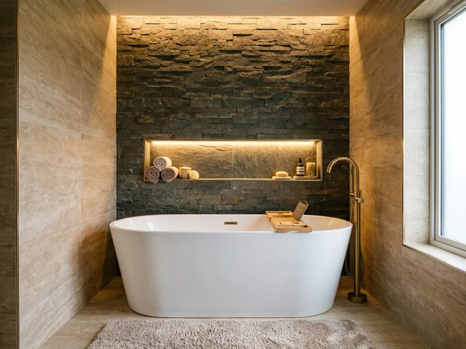 Freestanding double-ended bath beneath an LED-lit niche in split-face slate with travertine-effect walls