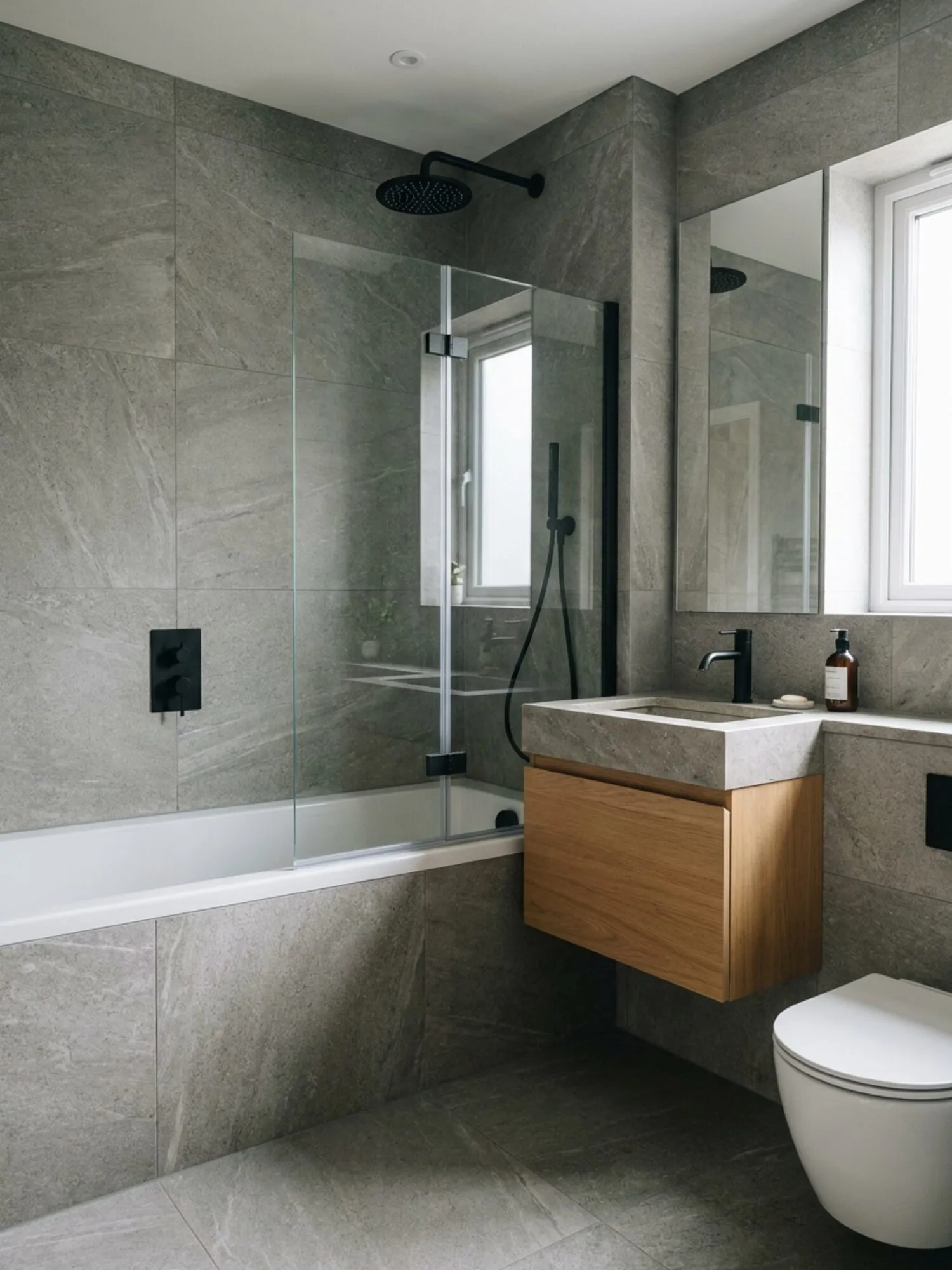 Family bathroom in large-format grey stone porcelain with hinged glass bath screen and matt black rainhead