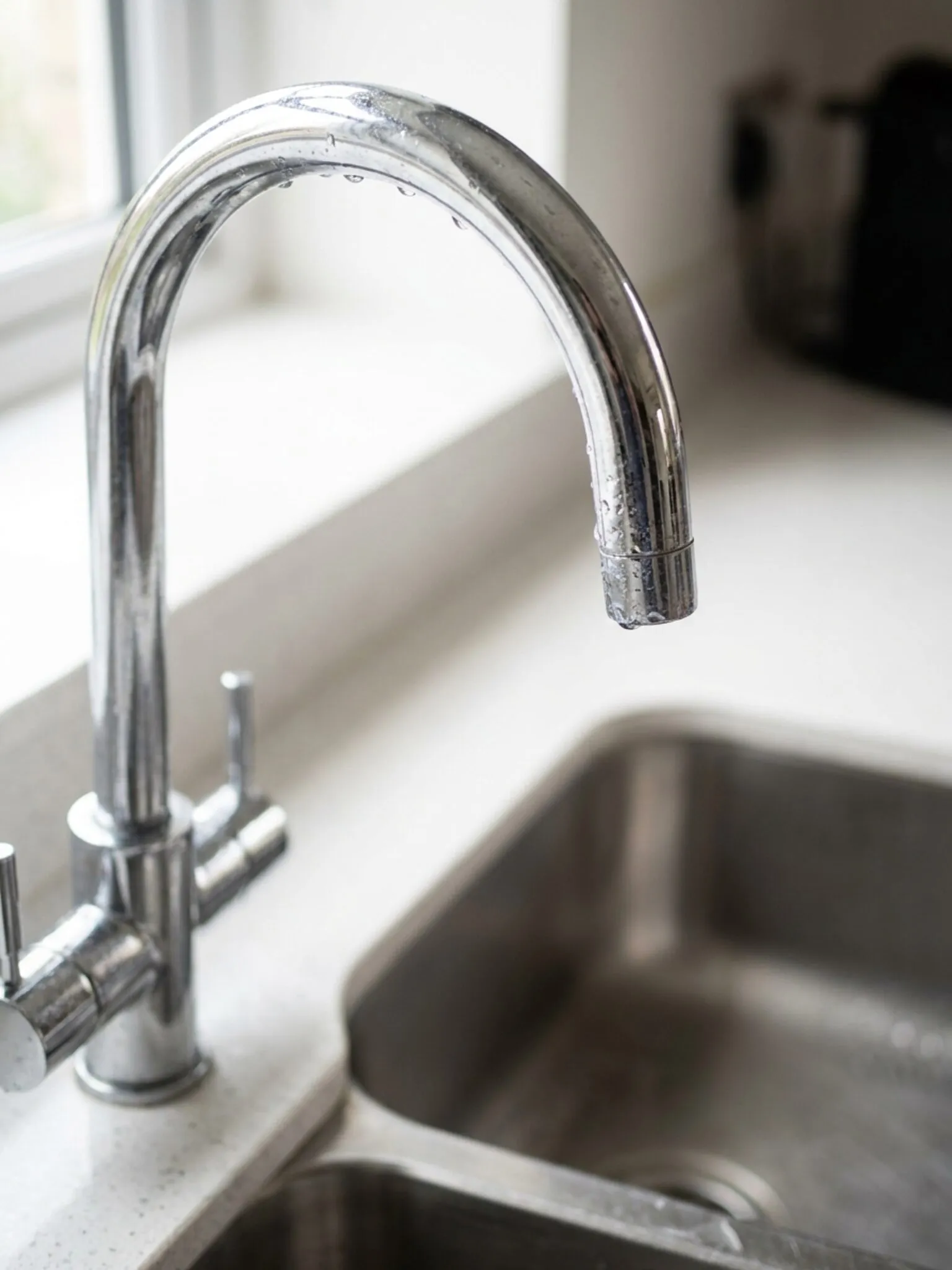 Boiling-water tap detail on white quartz