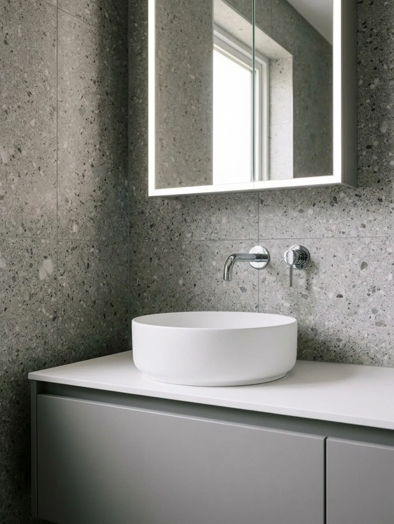 Countertop basin with wall-mounted chrome mixer and mirror cabinet