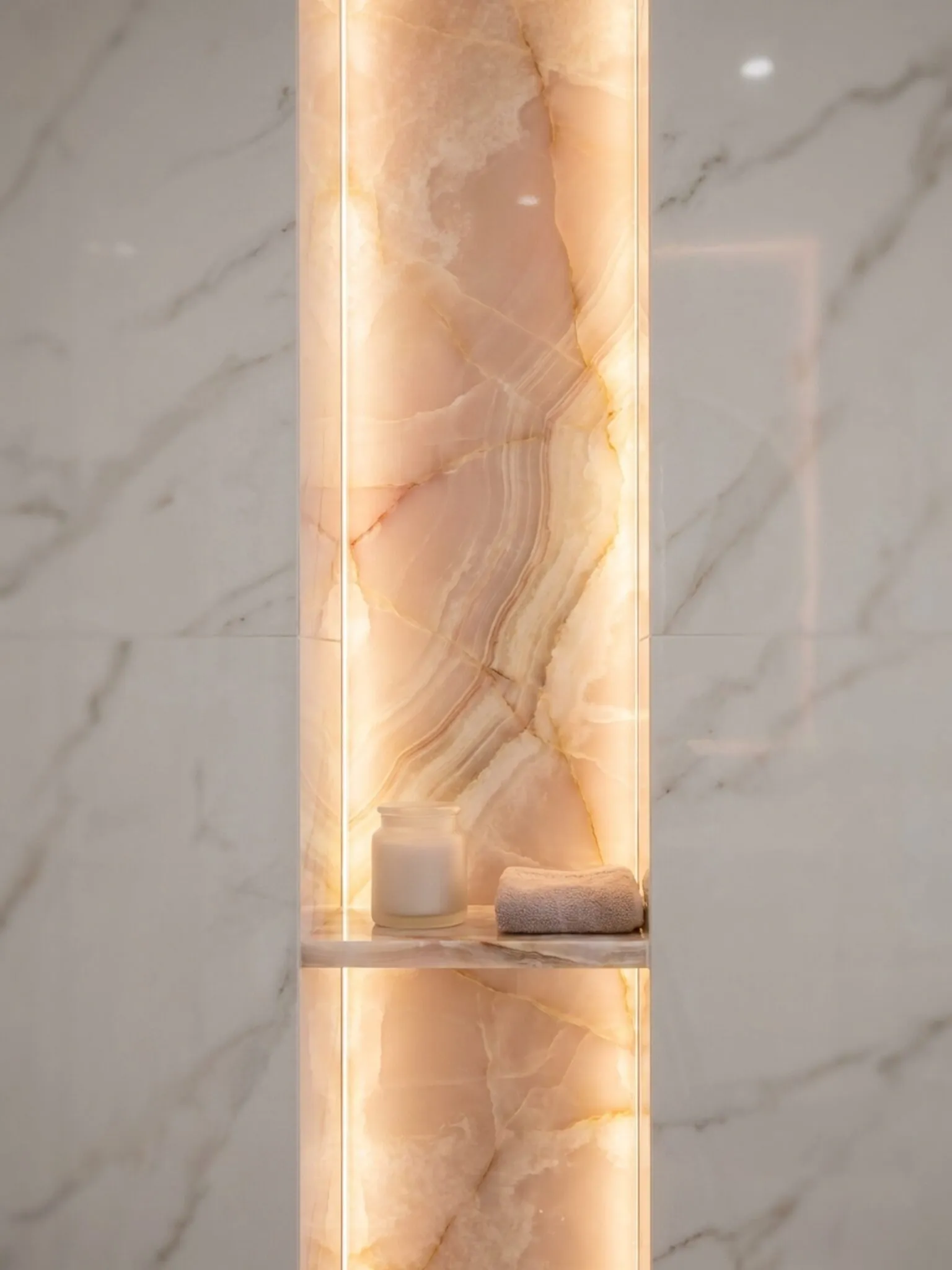 Backlit blush onyx feature niche detail