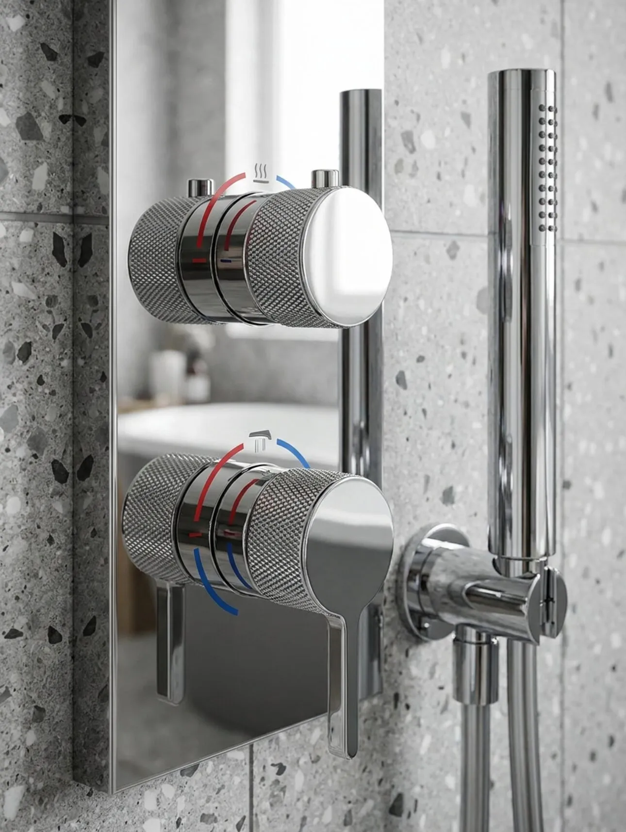 Chrome thermostatic shower panel and handset detail