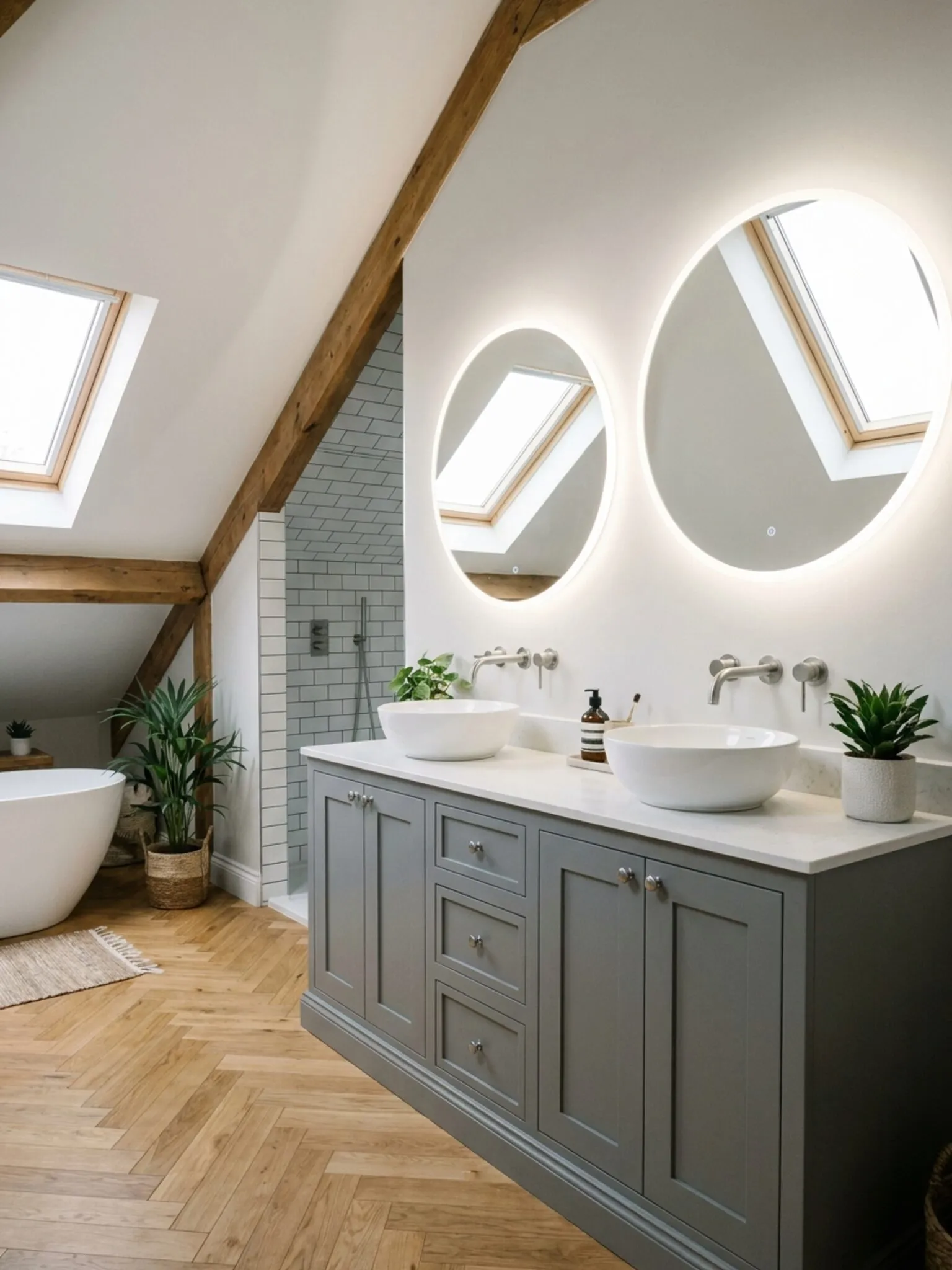 Loft en-suite with grey shaker double vanity, quartz worktop, twin basins and LED backlit mirrors