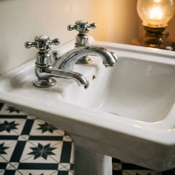 Traditional chrome crosshead pillar tap over star-pattern Victorian floor tiles