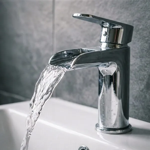 Chrome waterfall basin mixer running over a white ceramic basin against slate-effect tiling