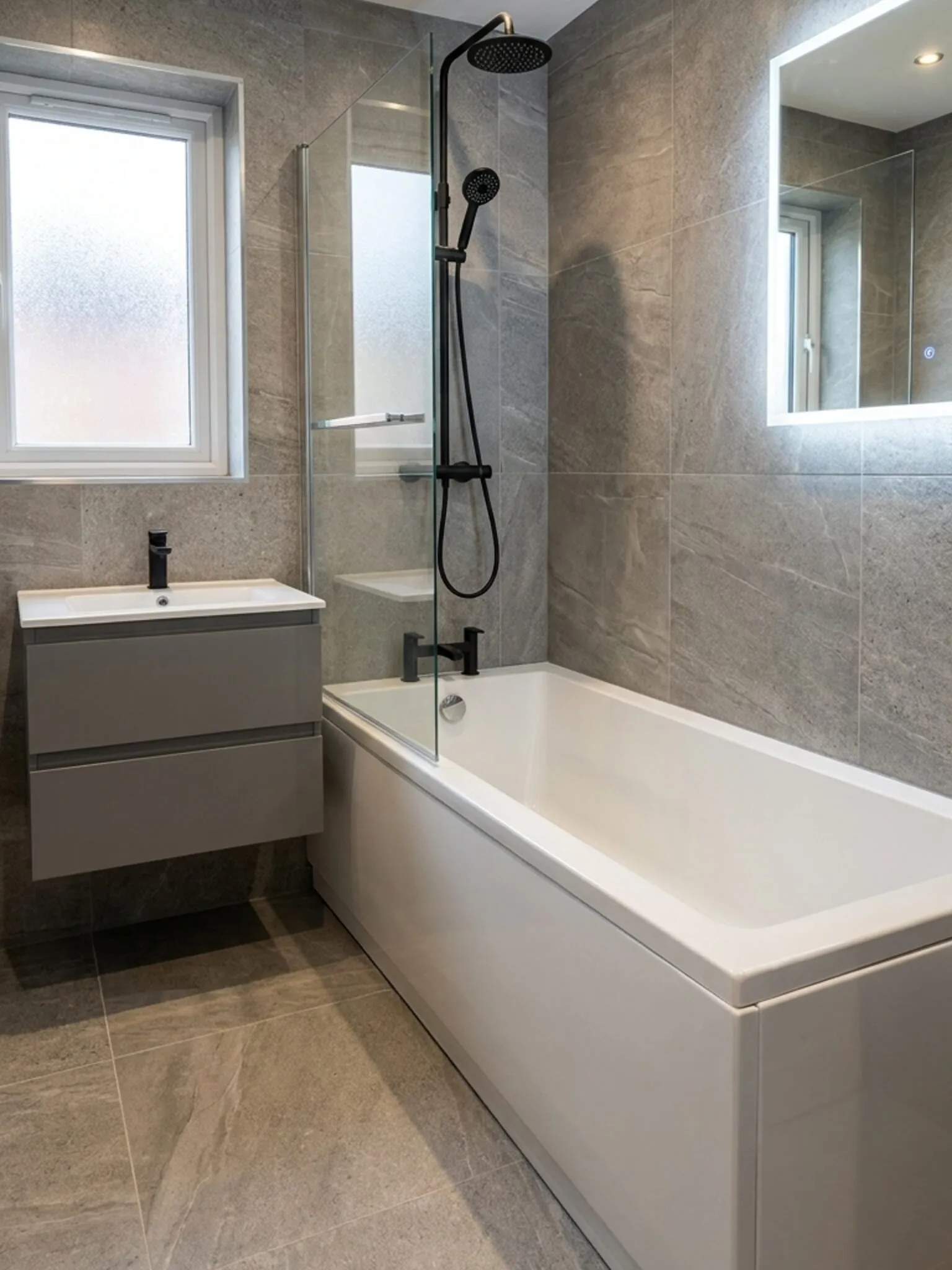The finished bathroom — large-format grey stone porcelain, freestanding bath, matt black fittings and a backlit mirror